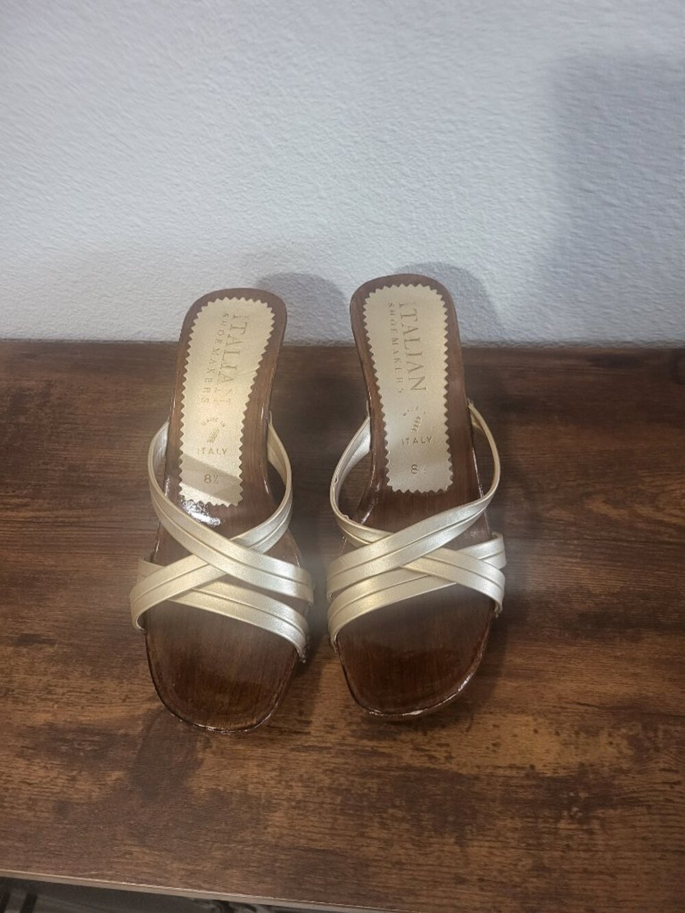Italian Shoemakers Champagne Gold Criss Cross Strap Wood Heel Mules from Italy